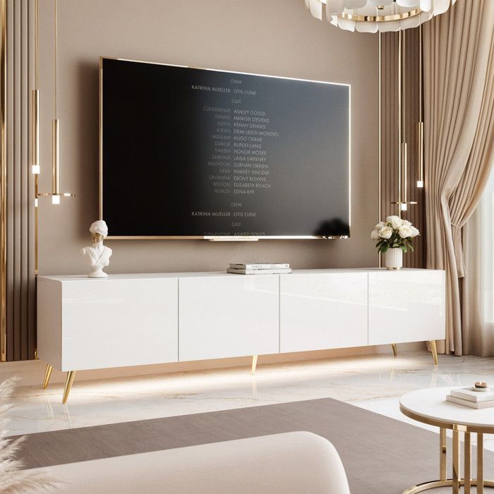 Mobile porta TV ANGEL - con LED - 200x40x49 cm - 4 ante senza maniglia - Bianco lucido