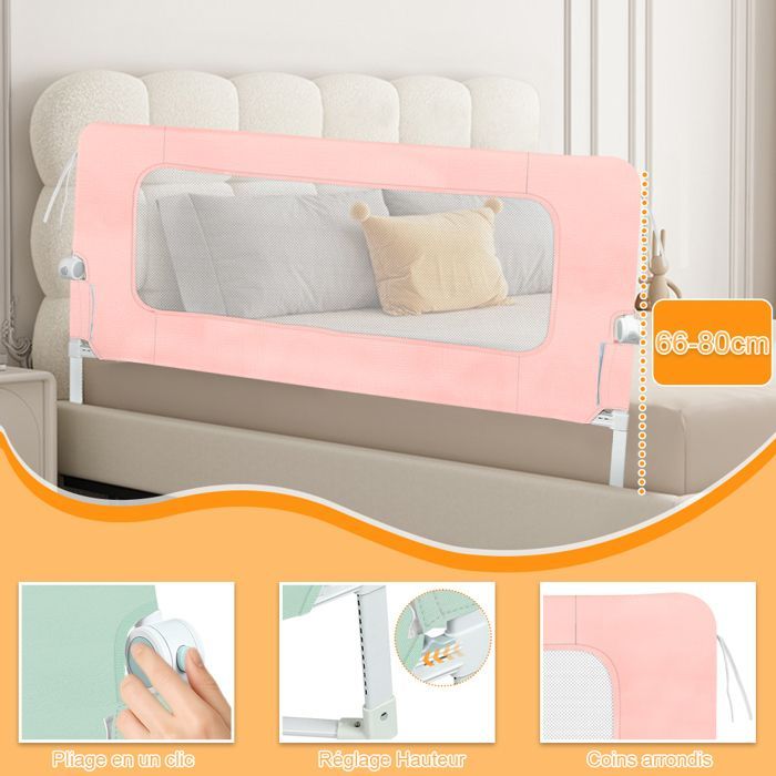 MIPAN. Barrière de Lit Bébé - Barrière de Sécurité - Adre Métallique Anti-Chute -  Tissu Respirant -150 * 66 - 80cm - Rose