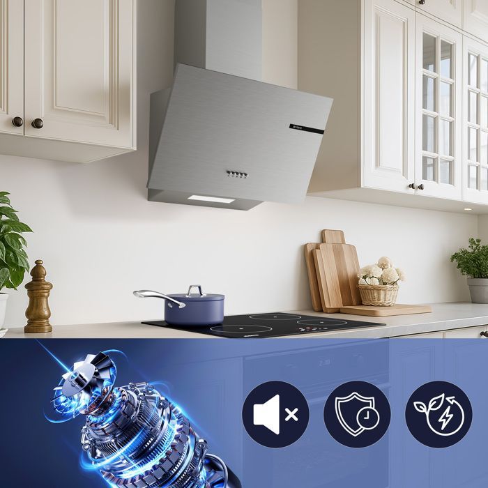 CIARRA Hotte Aspirante 60cm 580m3/h A+ 3 Vitesses Recyclage ou Evacuation avec 2 Filtre Actif Hotte Inclinée Inox CD6765AS