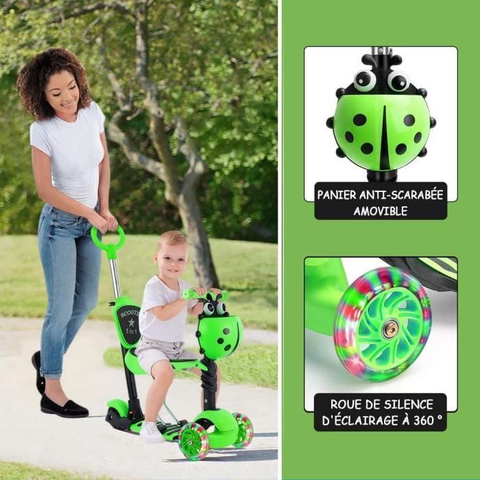 Trottinette Enfant - Yoleo - 5 en 1 - 3 Roues Led - Guidon Réglable - Vert