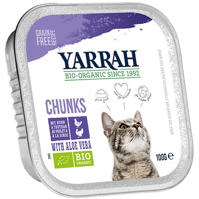 12 barquettes de 100 g de nourriture humide bio pour chats Yarrah - 9 + 3 offertes !*