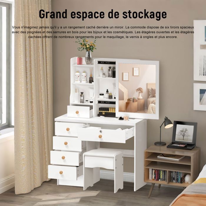 Coiffeuse avec miroir et tabouret - BIPLUT - 6 Tiroirs - Rangement Caché - Bois MDF - Poignées en Bois - 80x37x122 cm