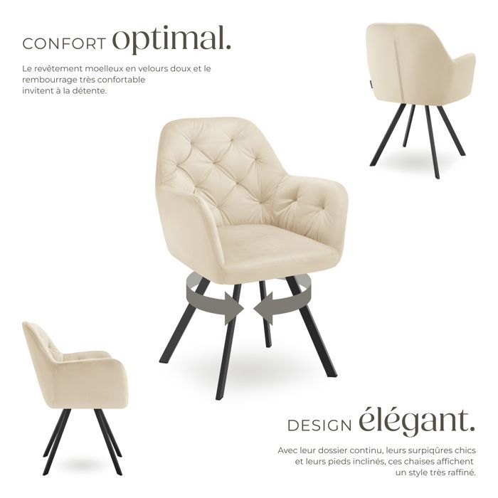 Chaises - TECTAKE - Lot de 4 fauteuils LUCIA pivotants à 180° rembourré en velours motif matelassé 58 x 58 x 87 cm - Crème