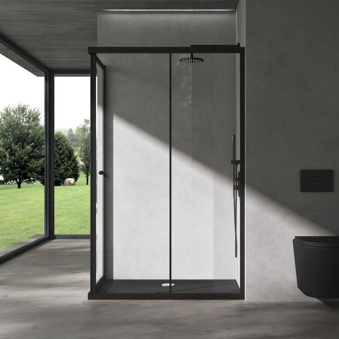 Mampara de ducha esquinera doporro con puerta corredera, perfiles negros, cristal de seguridad con revestimiento NANO, 80x120 cm, Ravenna16L-K