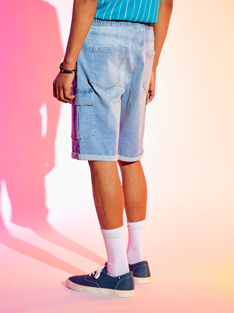 Denim bermudashorts met cargozakken - Blauw