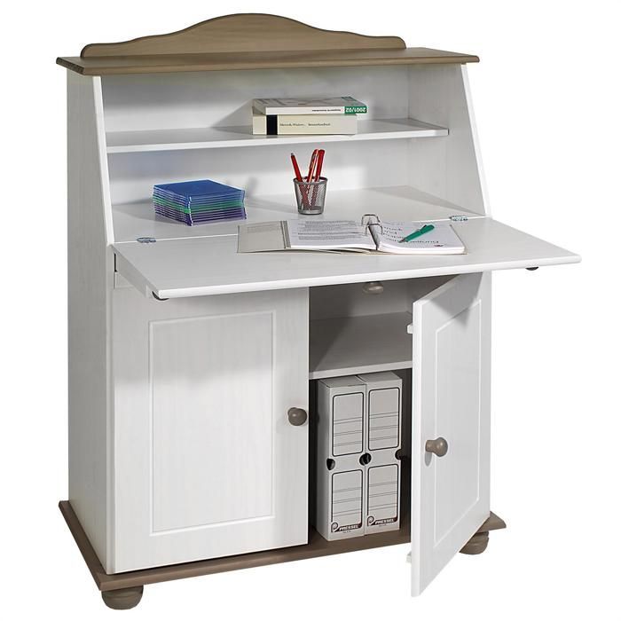 Bureau secrétaire DAVID avec abattant rangement plusieurs étagères 2 portes plan de travail rabattable, en pin massif taupe et