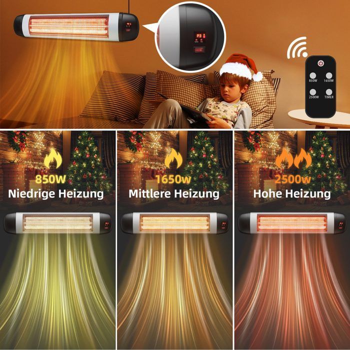 Chauffage infrarouge d'extérieur - NETTLIFE - 2500W - Mural - Télécommande - 3 niveaux de chaleur