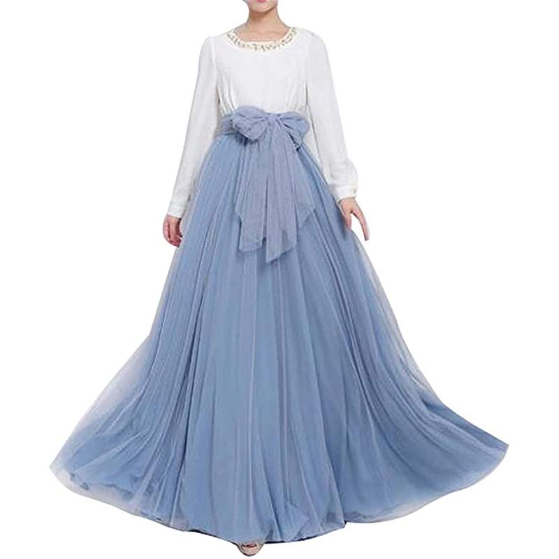 Jupe longue maxi bouffante en tulle pour femme, coupe trapèze, ceinture à nœud papillon, taille haute, idéale pour une soirée de mariage.