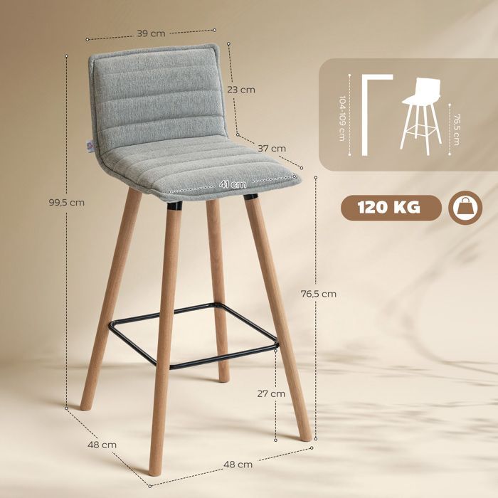 Juego de 2 taburetes de bar - HOMCOM - asiento, respaldo y reposapiés acolchados - tejido con aspecto de lino - 48 x 48 x 99,5 cm - gris