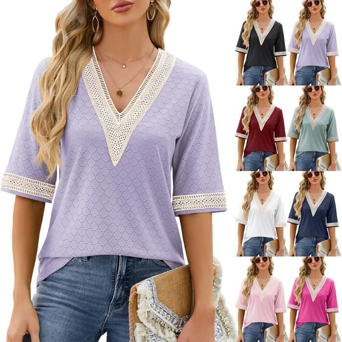 Dames zomer T-shirt met korte mouwen, V-hals en kant, casual losse pasvorm, comfortabel T-shirt in contrasterende kleur - EU-maat - Blauw