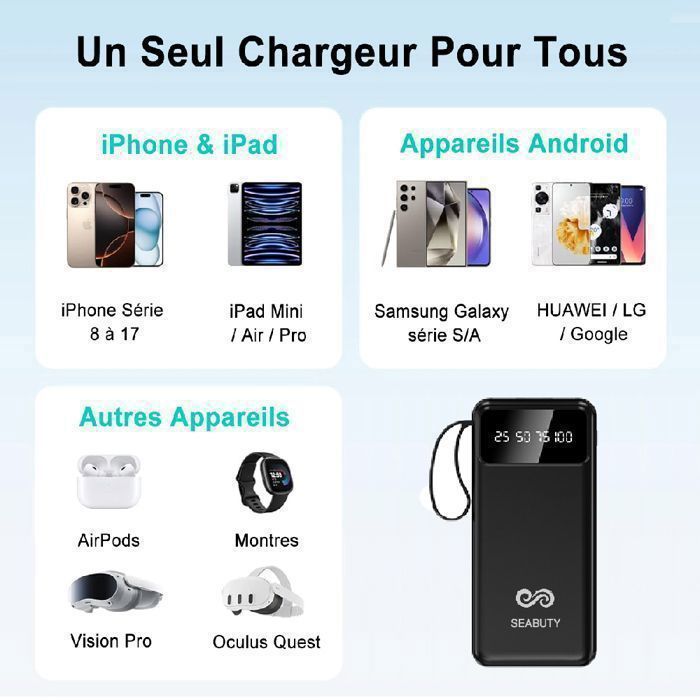 Batterie Externe 20000mAh Power Bank avec 4 Câbles Intégrés Chargeur Portable 5 Sorties et 2 Entrées avec Écran LED et Lampe