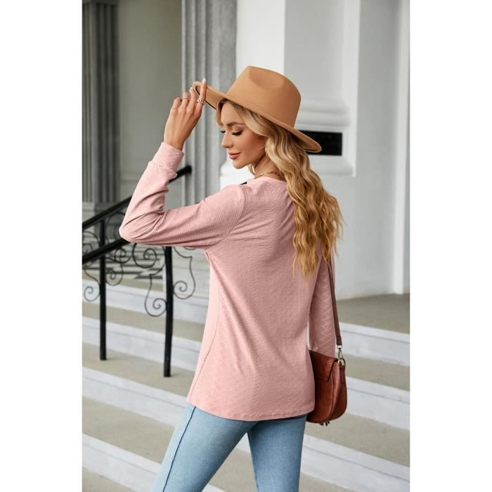 T-shirt Femme INSFITY - Manches Longues - Col V - Couleur Unie Rose - Loose Fit