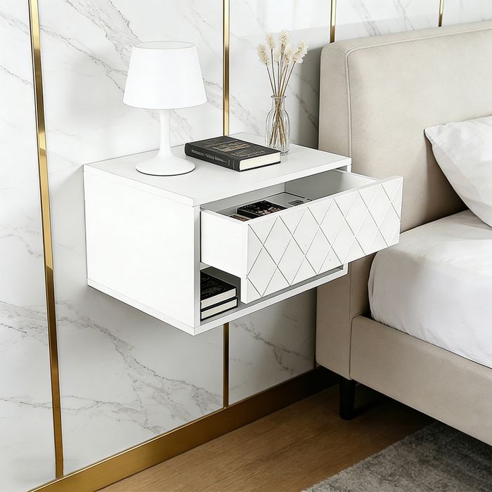 JEOBEST Modern Floating Bedside Table - Scandinavian Nightstand with Drawer - Shelves for Bedroom, Bathroom