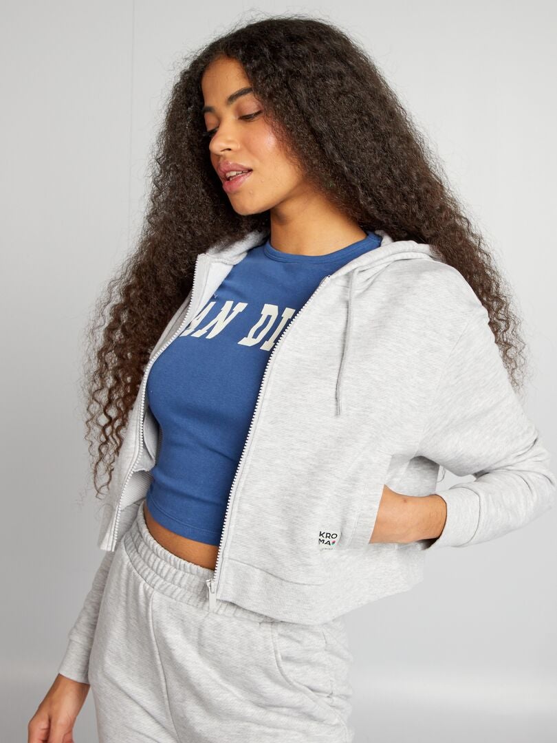 Effenkleurige hoodie met rits - GRIJS