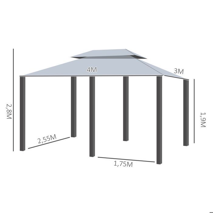 Tonnelle de jardin - Outsunny - pavillon style colonial double toit toiles latérales - acier - 3x4x2,8m - gris