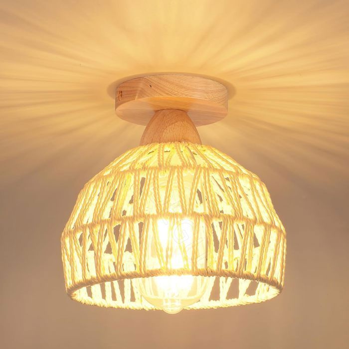 IDEGU Plafoniera industriale, lampada da soffitto vintage a gabbia, lampadario regolabile in legno di rattan bianco, stile rustico per soggiorno e camera da letto