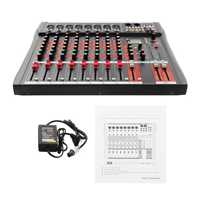 Mesa de mistura profissional de 8 canais para DJ - Console de controlo - Mixer de áudio - Mesa de DJ - Conexão USB Bluetooth