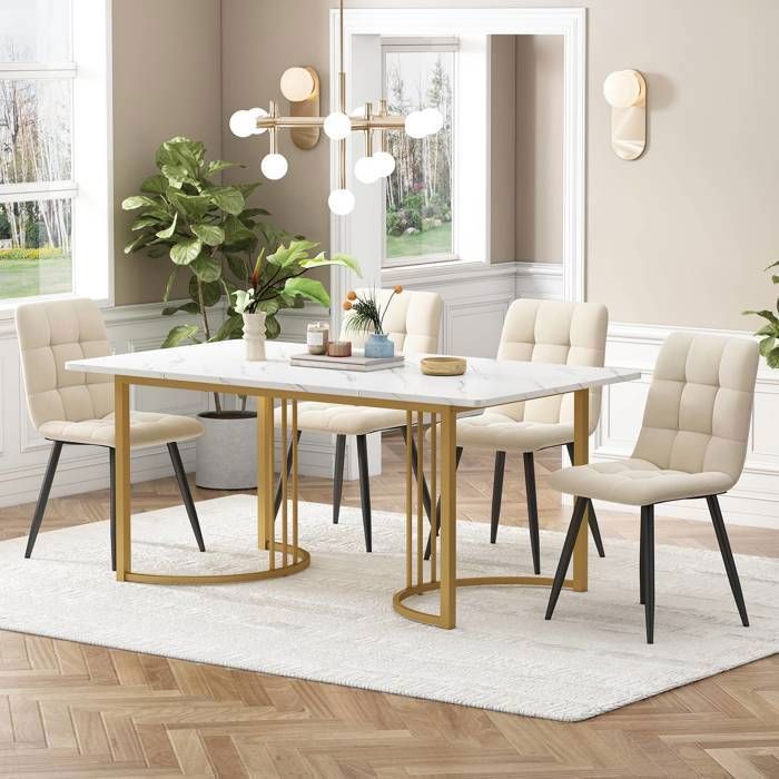 Juego de mesa de comedor de 140x80 cm con 4 sillas - Conjunto moderno de mesa y sillas para cocina/sala de estar - Sillas de terciopelo beige
