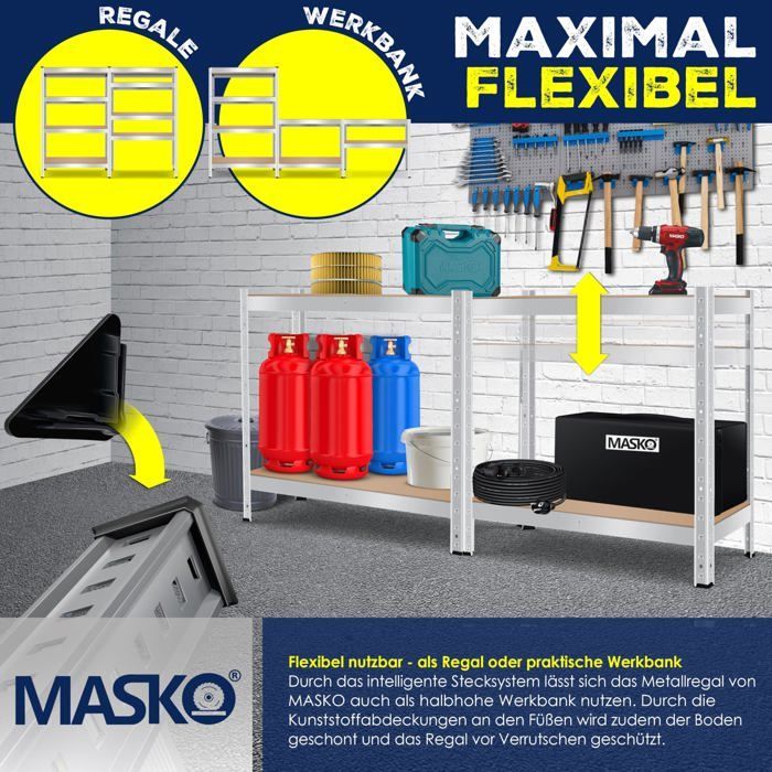 MASKO® Étagère charges lourde en métal max. 1200kg | Étagère de Stockage & Rangement à 4 niveaux pour garage & Atelier Argent