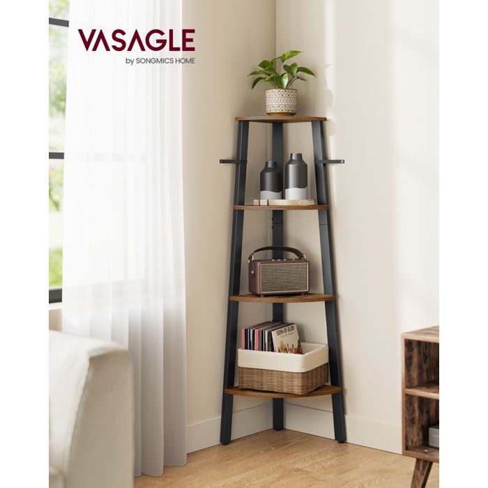 Scaffale angolare VASAGLE, libreria a 4 ripiani, scaffale a scala, supporto per piante, con struttura in acciaio, marrone e nero