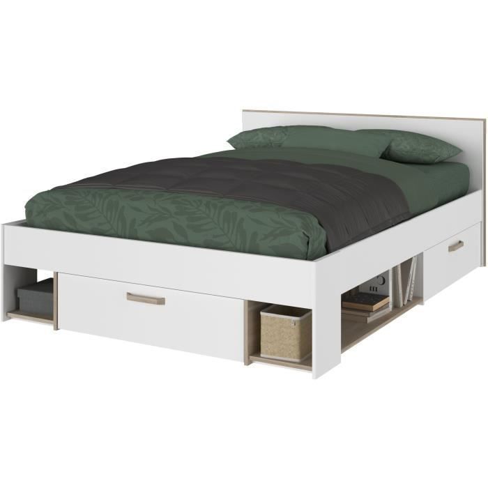 Complete slaapkamerinrichting voor volwassenen - DREAM - bed van 140x190/200 cm + 2 nachtkastjes + kledingkast - Decor in wit en eikenhout - PARISOT