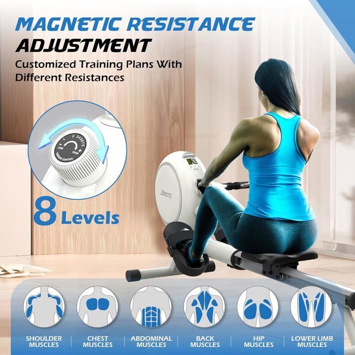 JOROTO JR40W Home Rowing Machine with 8 Levels of Magnetic Resistance, Retractable Aluminum Rail, Bluetooth, and LCD Screen, 140kg Capacity
