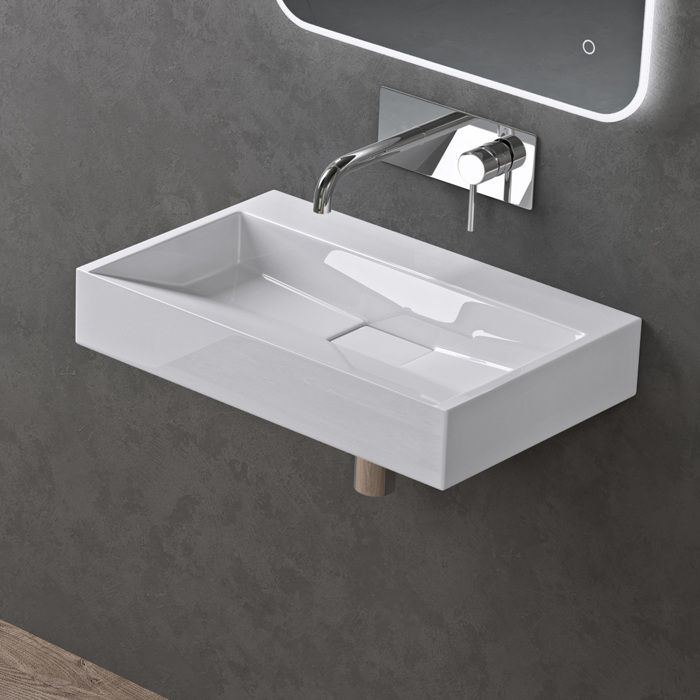 Lavabo mural Doporro con desagüe, blanco, 60x38x11cm, rectangular, no requiere perforación, Colossum19