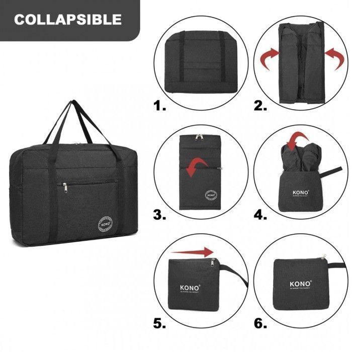 Bolsa de viaje plegable Kono, 45x32x14cm, bolsa deportiva plegable grande con múltiples bolsillos, impermeable y resistente al desgaste, color negro.