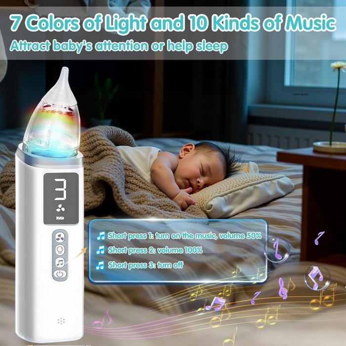 Electric Baby Nasal Aspirator with 3 Soft Silicone Tips, Baby Nasal Aspirator with 3 Suction Levels, Light and Soothing Music