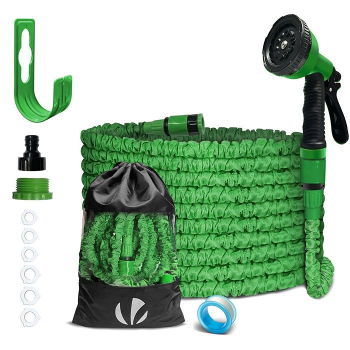 VOUNOT® Tubo da giardino espandibile verde da 15 m - 10 modalità di spruzzo - Connettore e borsa per il trasporto inclusi - Flessibile,