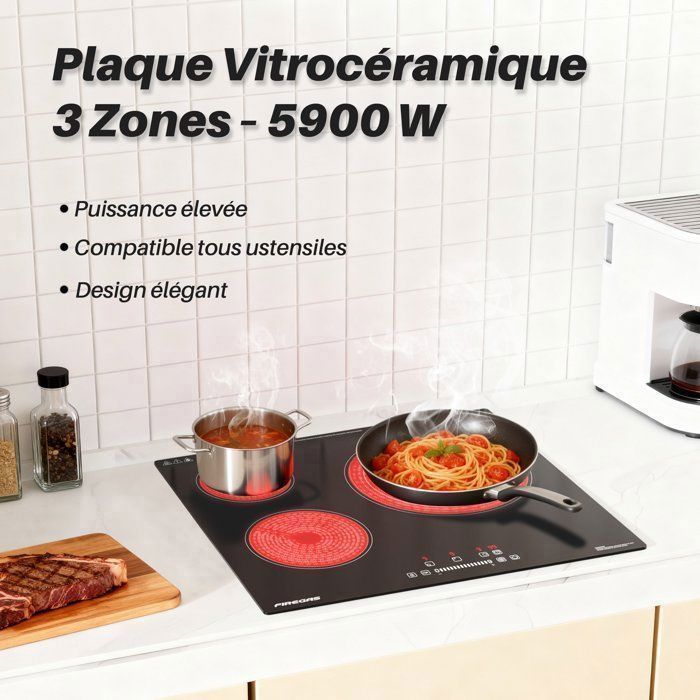 FIREGAS Inbouw keramische kookplaat met 3 branders, 59 cm kookoppervlak, 5900 W, 9 vermogensniveaus, geïntegreerde timer
