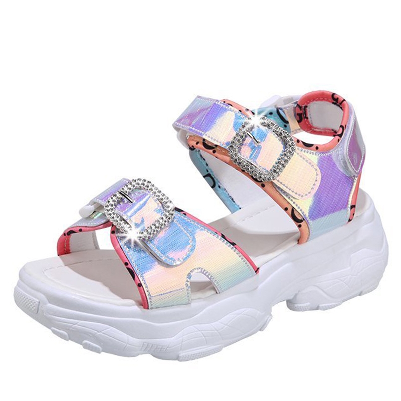 Sandali con plateau e fibbia a gancio con cristalli da donna, estivi, casual, colorati, scintillanti, con paillettes, scarpe estive Zapatos Mujer