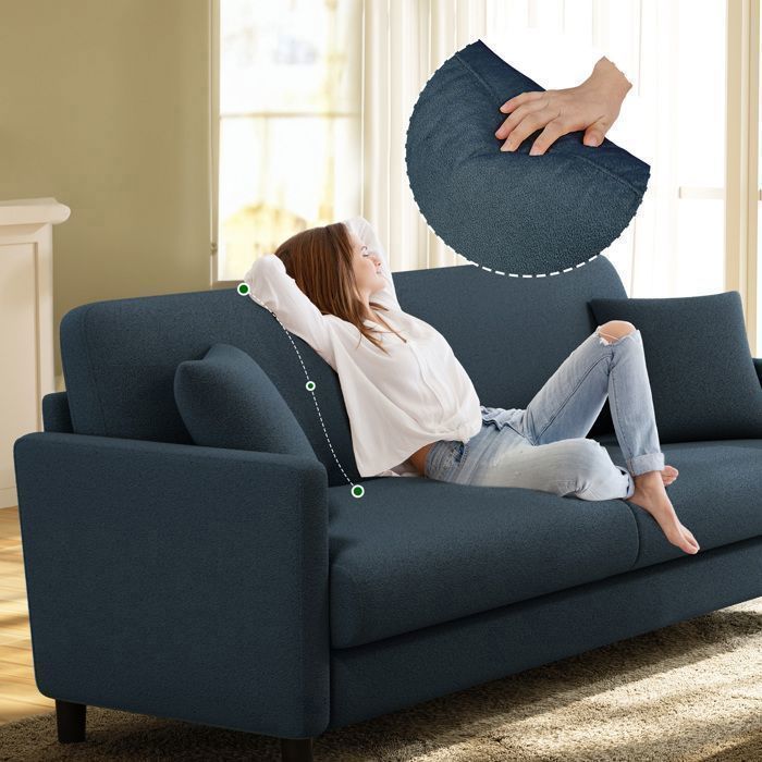 Sofá Teddy de 2 plazas en terciopelo azul grisáceo para salón, sofá de estilo escandinavo con 2 cojines cómodos, patas de madera, 165 × 78 × 85 cm.