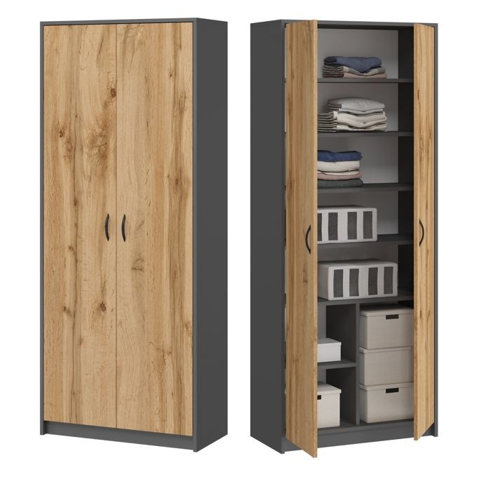 Armario de oficina de 2 puertas - Armario multiusos - 74x35x180cm - 6 estantes - Mueble de almacenamiento - Aspecto de madera + Gris
