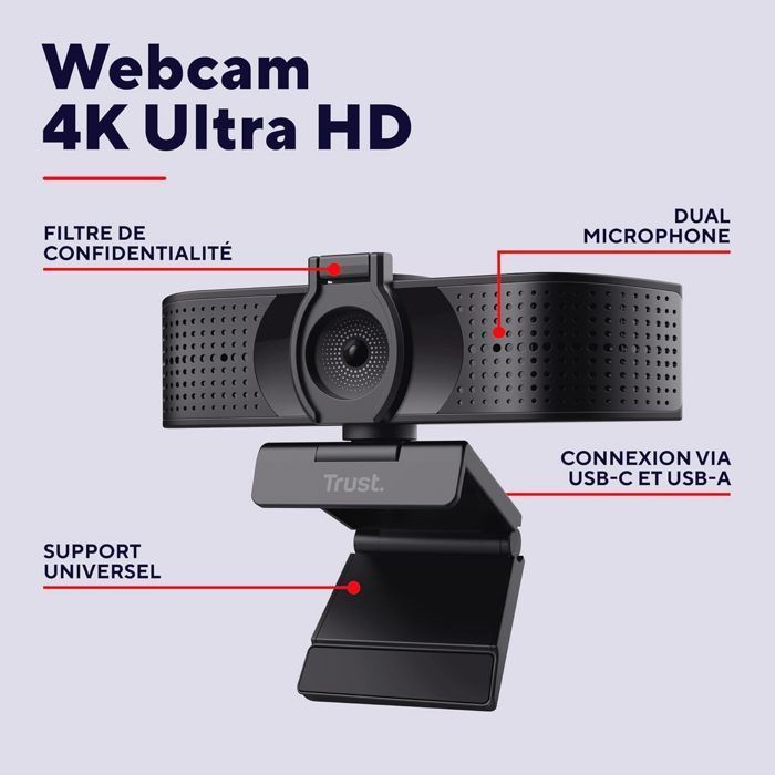 Cámara web Trust Teza 4K Ultra HD, 3840x2160, con 2 micrófonos integrados y enfoque automático, USB Plug & Play.
