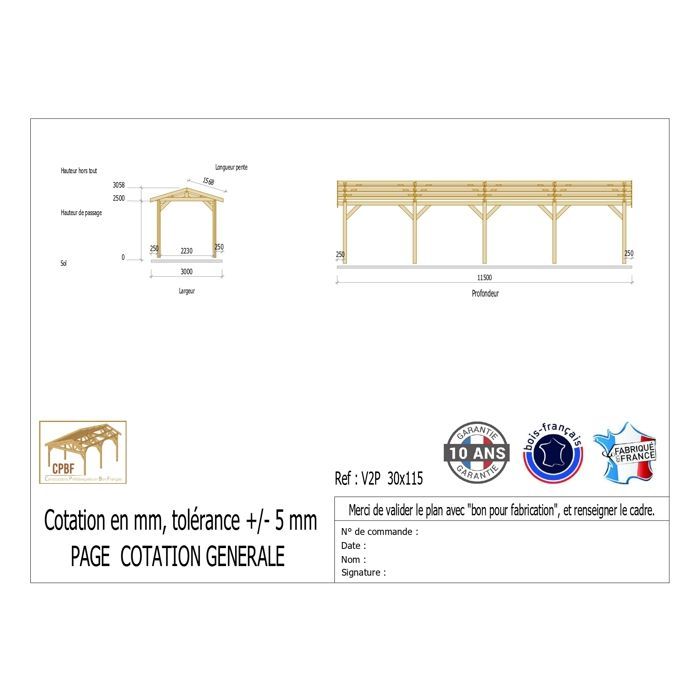Carport aus französischer Douglasie, 35 m² – 2 Dachflächen – 10 Pfosten – Unterstand für Ihr Auto im Freien – 10 Jahre Garantie