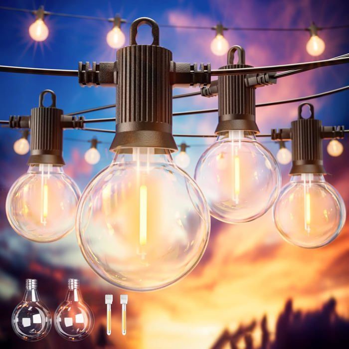 Guirlande Guinguette Extérieur G40,50Ft/15M Led Guirlande Lumineuse Extérieure Avec 25 Ampoules + 2 Rechange,2700K Blanc Chaud