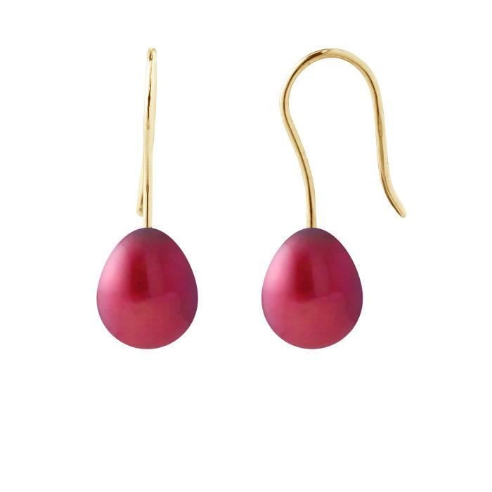 PERLINEA - Boucles d'Oreilles - Véritables Perles de Culture d'Eau Douce Poires 7-8 mm Rouge Cerise - Or Jaune - Bijoux Femme