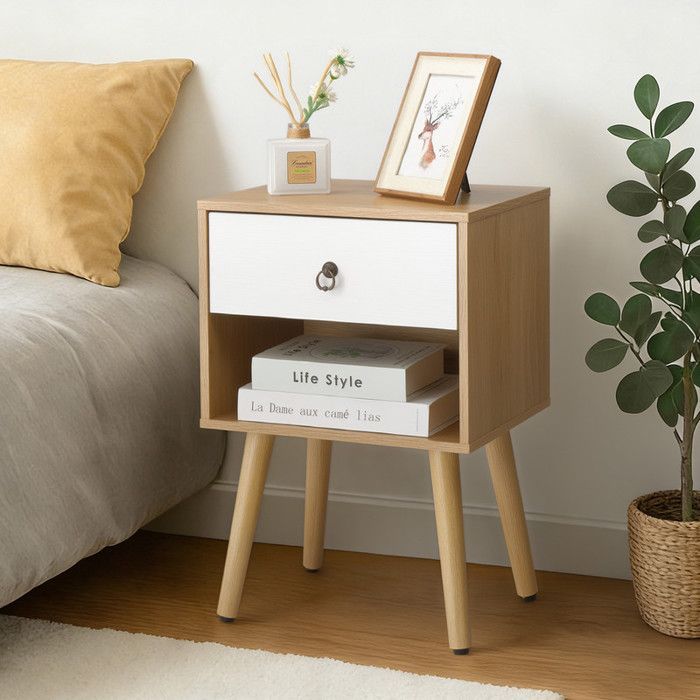 Mesa de cabeceira com gavetas e compartimento aberto - ALIGHTUP - Estilo moderno, carvalho e branco
