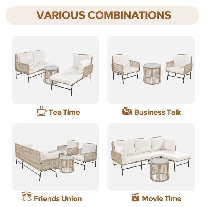 Conjunto de muebles de jardín para exteriores - LANGTU - 6 piezas - Cuerda trenzada beige - Estructura de hierro resistente a la corrosión - Cojines extraíbles de 8 cm
