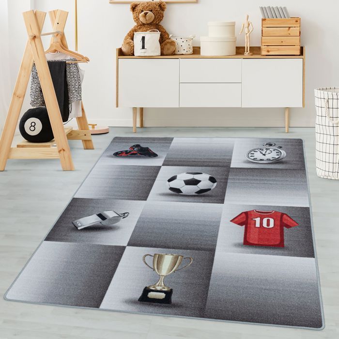 Carpetsale24 Tapis enfant Motif football à carreaux coloris gris 160x230 cm tapis chambre enfant tapis chambre bébé