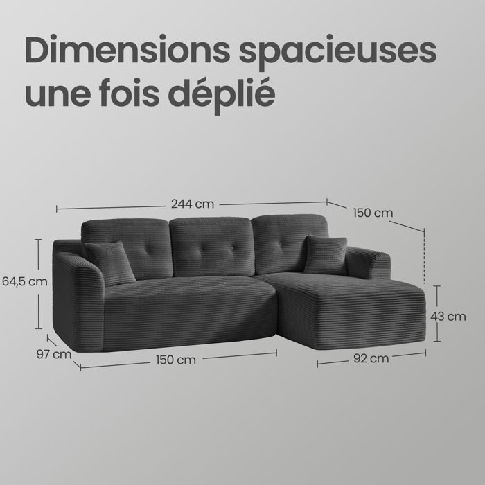 VASAGLE Canapé Fixe d’Angle, Canapé 3 Places Sans Montage, Grande Méridienne Droite, pour Salon ou Chambre, Gris