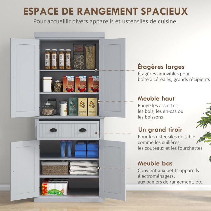 Armoire de cuisine - HOMCOM - multi-rangements étagères réglables 4 portes et grand tiroir - 76,2 x 40,2 x 183 cm - gris