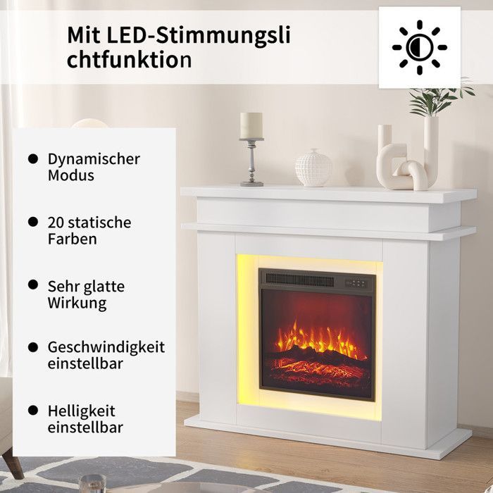Caminetto elettrico da 101 cm – Fiamme 3D – LED – 1500 W – Touchscreen e telecomando – Mobiletto incluso – Bianco