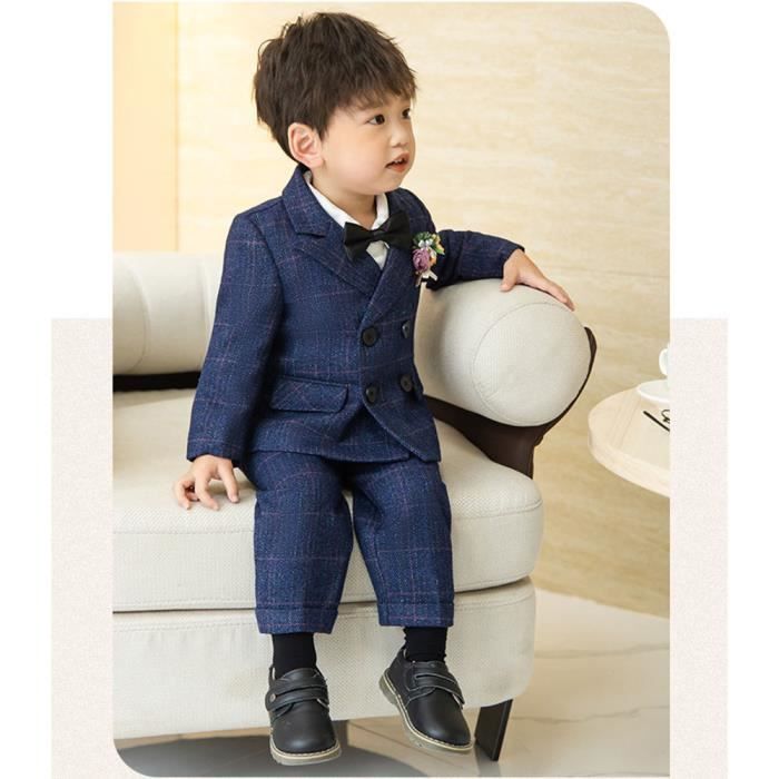 Conjunto de 4 piezas para bebé niño, traje a cuadros, esmoquin, para noche, ceremonia, boda - Azul marino