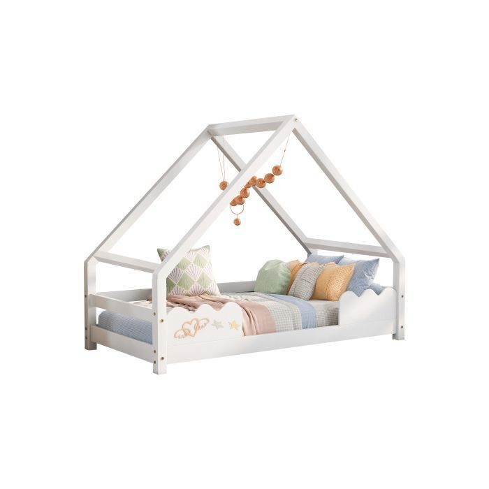 Cama infantil de 90x200 cm con protección anticaídas, parque infantil de madera maciza blanca.