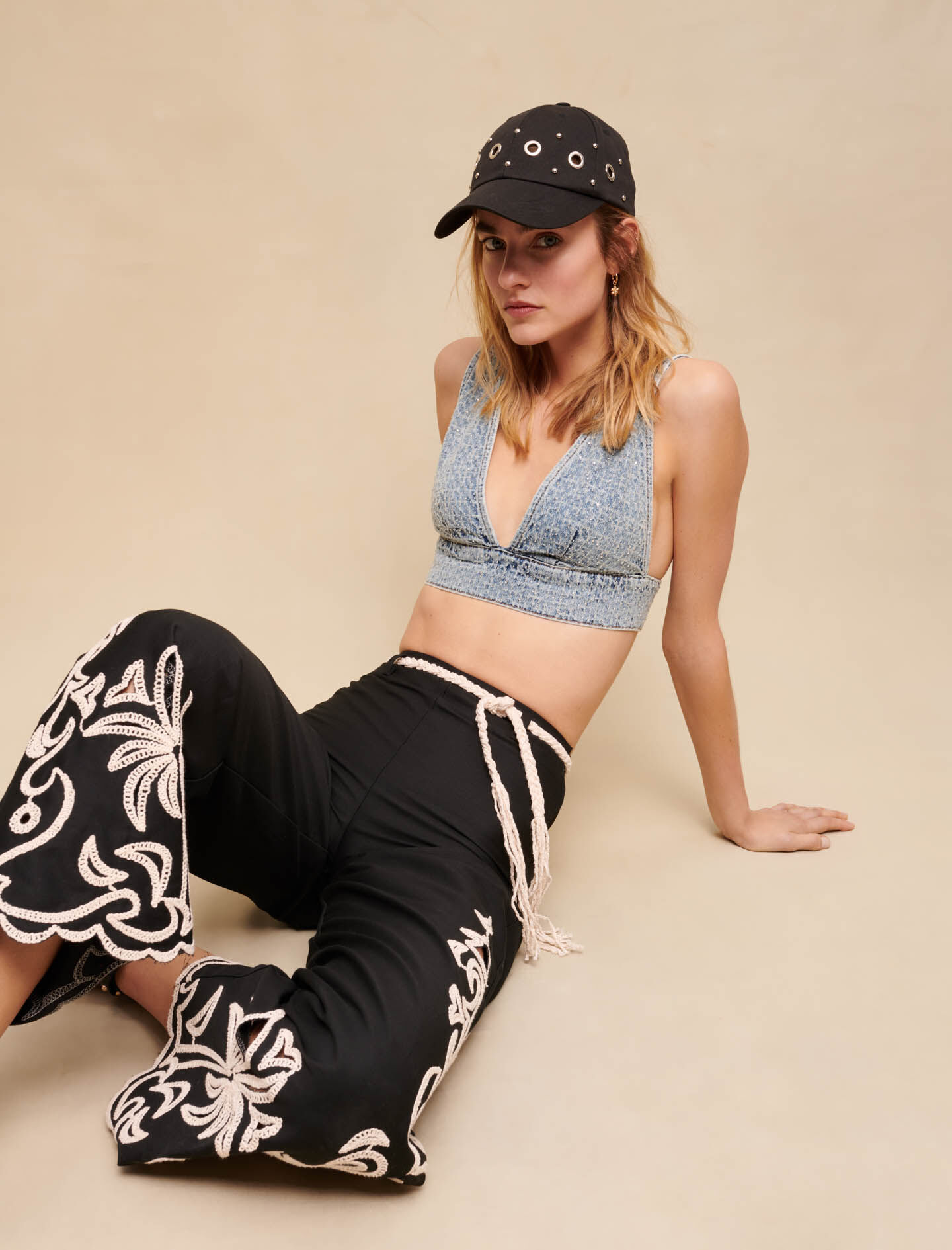 Top din denim cu strasuri - Albastru deschis