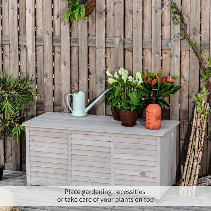 Caja de almacenamiento exterior Outsunny - 283 L - pequeñas aberturas en la parte inferior - 2 cadenas - de madera - 127 x 56 x 60 cm - gris