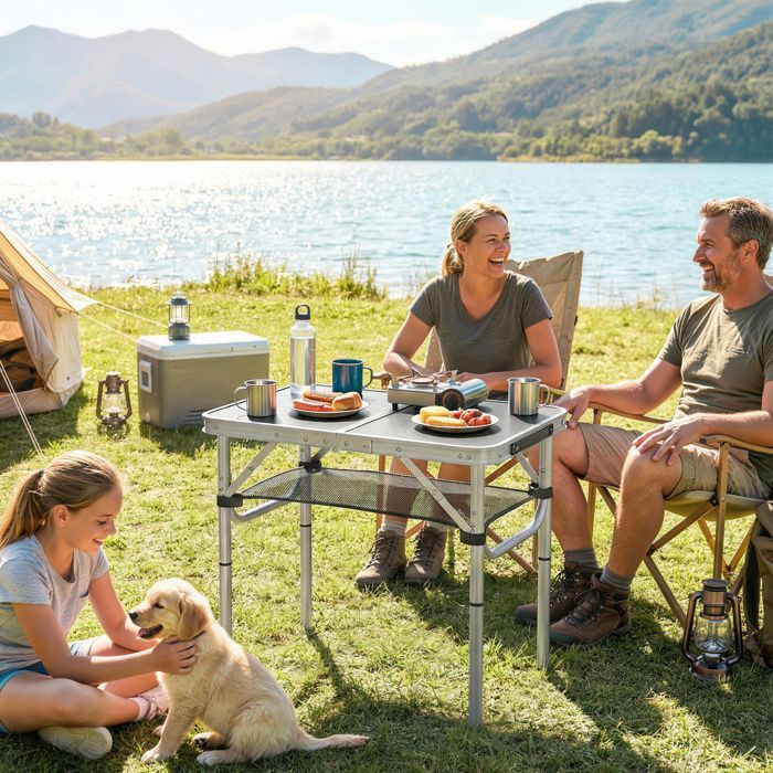Table de camping pliante - Outsunny - 4 hauteurs réglables - rangement en filet, poignée - aluminium - 60 x 40 x 60 cm - noir