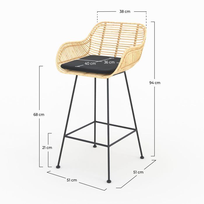 Juego de 2 sillas Pops de 66 cm para isla de cocina, de ratán y tela negra - Rendez-Vous Déco